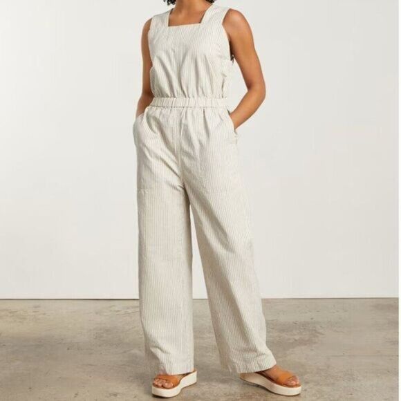 Everlane The Fatigue Apron Organic Cotton Linen Blend Jumpsuit Navy Stripe 8 - Picture 1 of 9